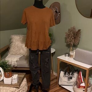 Brown Peplum Top paired with AE distressed Jeans Button fly